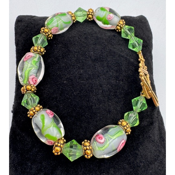 Springtime Lampwork Glass Bead Gold Tone Green Pink Rose Toggle Bracelet 6.5 - Picture 5 of 8